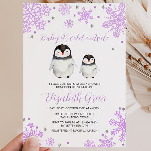 Paarse Sneeuwvlokken Pinguïn Baby Shower Kaart