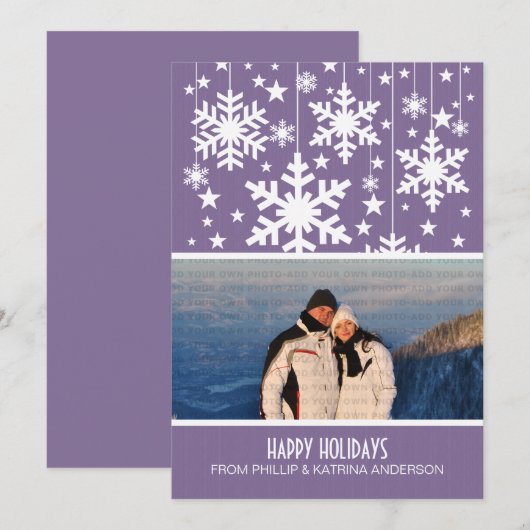 Paarse Sneeuwvlokken Sterren Vakantiefoto Plat Kaa Feestdagenkaart (Voorkant / Achterkant)