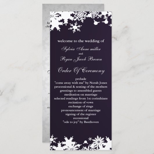 paarse sneeuwvlokken wintertrouwprogramma programmakaart (Voorkant / Achterkant)