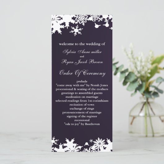 paarse sneeuwvlokken wintertrouwprogramma programmakaart (Staand voorkant)