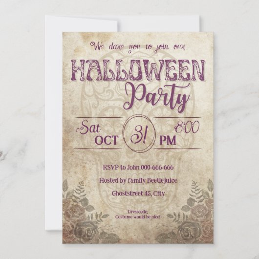  paarse snoepjes schedel volwassen Halloween feest Kaart (Voorkant)