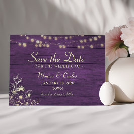 Paarse snoerlampen schuur hout save the date