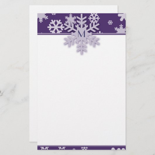 Paarse Snowflake Border met Monogrammflake Briefpapier (Voorkant / Achterkant)
