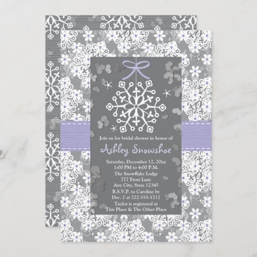 Paarse Snowflake Bridal Shower Invitations Kaart (Voorkant / Achterkant)
