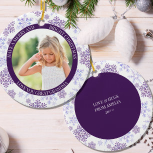Paarse Snowflake Merry Bright en kerstfoto Keramisch Ornament