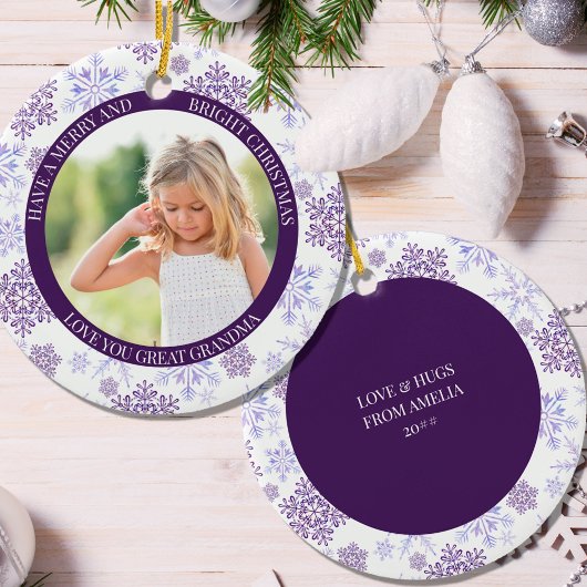 Paarse Snowflake Merry Bright en kerstfoto Keramisch Ornament