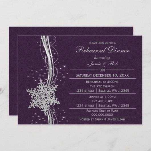 paarse Snowflake Wedding Rehearsal Uitnodigingen (Voorkant / Achterkant)