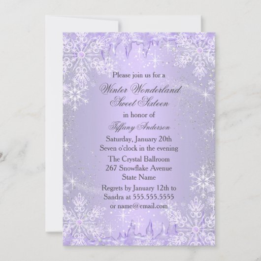 Paarse Snowflake Winter Wonderland Sweet 16 Invite Kaart (Voorkant)