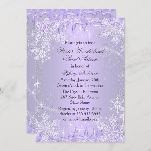 Paarse Snowflake Winter Wonderland Sweet 16 Invite Kaart (Voorkant / Achterkant)