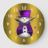 Paarse Snowman met Gold Kerstmis Grote Klok (Voorkant)