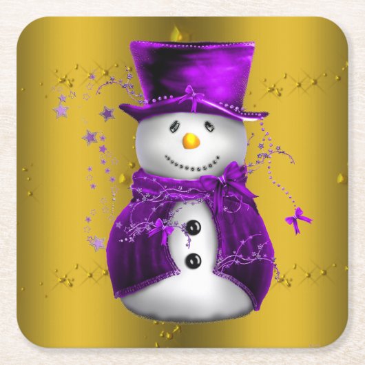 Paarse Snowman met Gold Kerstmis Kartonnen Onderzetters (Voorkant)