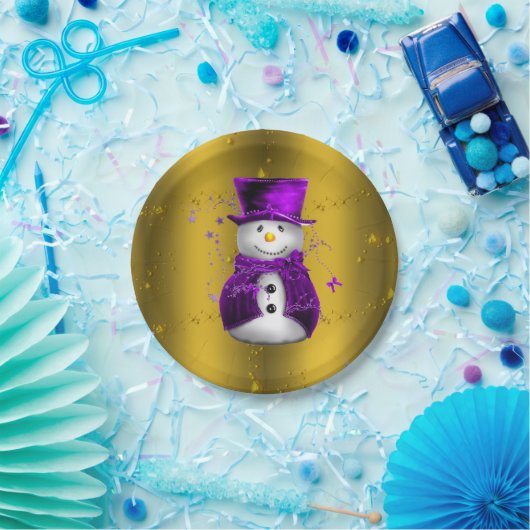 Paarse Snowman met Gold Kerstmis Papieren Bordje (Feest)