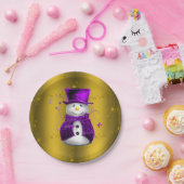 Paarse Snowman met Gold Kerstmis Papieren Bordje (Feest)
