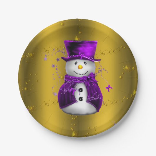 Paarse Snowman met Gold Kerstmis Papieren Bordje (Voorkant)