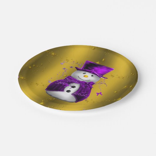 Paarse Snowman met Gold Kerstmis Papieren Bordje (Gekanteld)