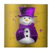 Paarse Snowman met Gold Kerstmis Tegeltje (Voorkant)