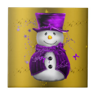 Paarse Snowman met Gold Kerstmis Tegeltje