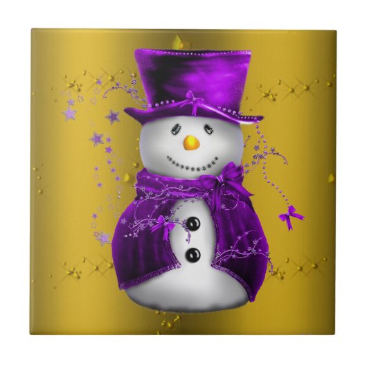 Paarse Snowman met Gold Kerstmis Tegeltje (Voorkant)