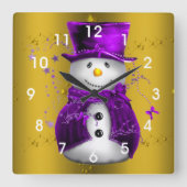 Paarse Snowman met Gold Kerstmis Vierkante Klok (Voorkant)