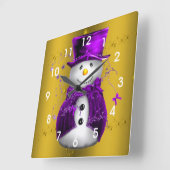 Paarse Snowman met Gold Kerstmis Vierkante Klok (Hoek)
