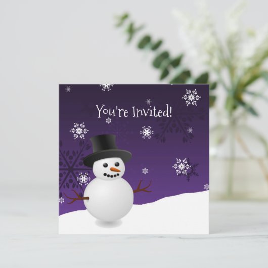 Paarse Snowman Winter Scene - kerstuitnodiging Kaart (Staand voorkant)