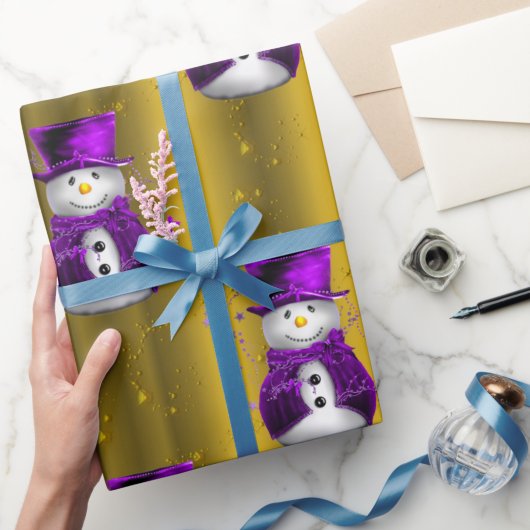 Paarse Snowmen met goudkerst Cadeaupapier