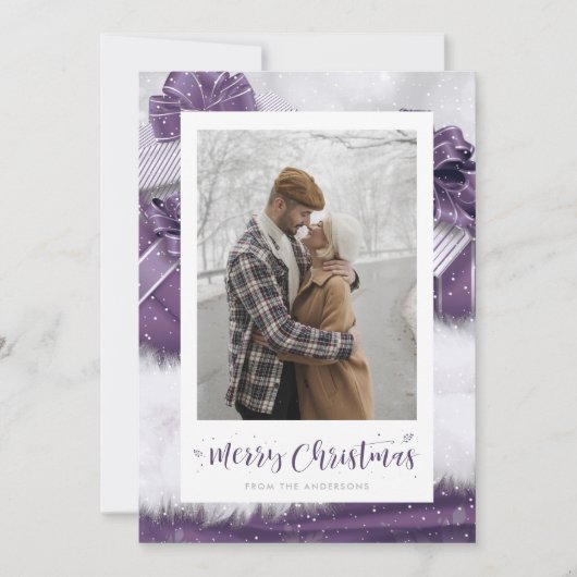 Paarse Snowy-fotokerstkaarten met handschrift Feestdagenkaart (Voorkant)
