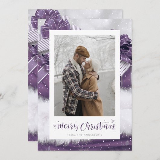 Paarse Snowy-fotokerstkaarten met handschrift Feestdagenkaart (Voorkant / Achterkant)