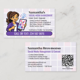Paarse sociale media manager QR cartoon meisje Visitekaartje