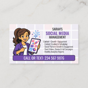 Paarse Sociale Media Manager QR Cartoon Visitekaartje