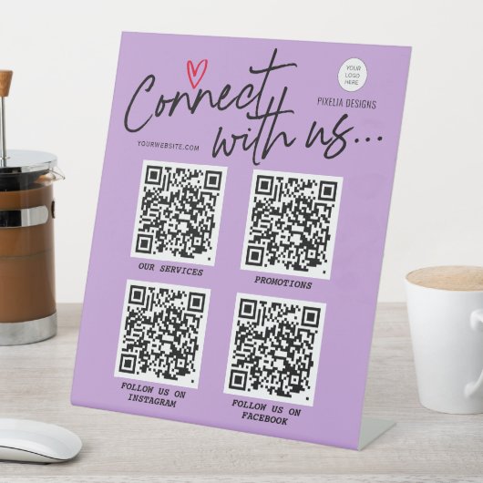 Paarse sociale media-netwerkQR-code Modern teken Reclamebord Met Voetstuk (Insitu)