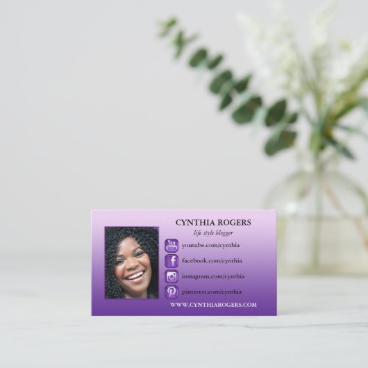 Paarse sociale mediapictogrammen Foto-Visitekaartj Visitekaartje (Staand voorkant)