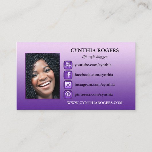 Paarse sociale mediapictogrammen Foto-Visitekaartj Visitekaartje (Voorkant)