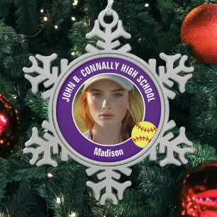 Paarse Softbalspeler Foto Middelbare School Aanden Tin Sneeuwvlok Ornament