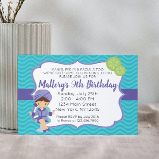 Paarse Spa Birthday Invitation, brunette Kaart