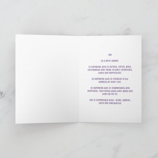 Paarse Space Leo Birthday Kaart (Binnen)