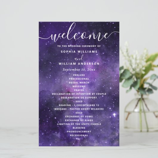 Paarse Space Night Stars Script bruiloft programma (Staand voorkant)