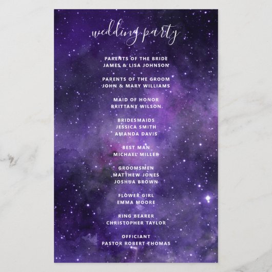 Paarse Space Night Stars Script bruiloft programma (Achterkant)