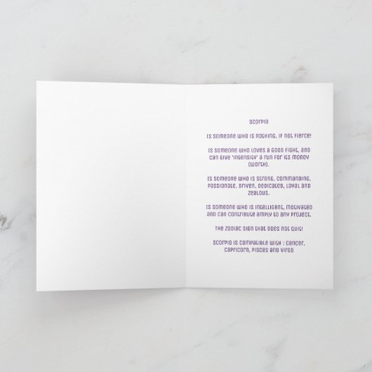 Paarse Space Scorpio Birthday Kaart (Binnen)
