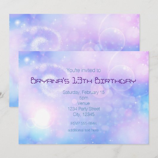 Paarse Spacey Lights Verjaardagsfeestuitnodigingen Kaart (Voorkant / Achterkant)
