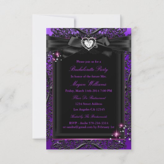 Paarse sparkle Celebration Bachelorette Invite Kaart (Achterkant)