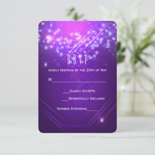 Paarse Sparkle Glamour Club Vibe Party RSVP Card (Staand voorkant)