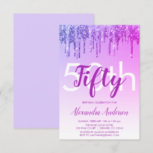 Paarse Sparkle Glitter 50th Birthday Party Kaart (Voorkant / Achterkant)