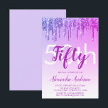Paarse Sparkle Glitter 50th Birthday Party Kaart<br><div class="desc">Paarse en warme roze sparkle en het Drijven van Glitter Ombre Girly Birthday Party (50e verjaardag van de uitnodiging van de geboorte). Deze moderne vijftigste verjaardag-uitnodiging is perfect voor de glam en de luxe Sparkle Glitter Girly Party die op stijl wil vieren. Neem contact op met de ontwerper voor overeenkomende...</div>