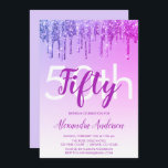 Paarse Sparkle Glitter 50th Birthday Party Kaart<br><div class="desc">Paarse en warme roze sparkle en het Drijven van Glitter Ombre Girly Birthday Party (50e verjaardag van de uitnodiging van de geboorte). Deze moderne vijftigste verjaardag-uitnodiging is perfect voor de glam en de luxe Sparkle Glitter Girly Party die op stijl wil vieren. Neem contact op met de ontwerper voor overeenkomende...</div>