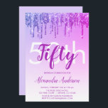 Paarse Sparkle Glitter 50th Birthday Party Kaart<br><div class="desc">Paarse en warme roze sparkle en het Drijven van Glitter Ombre Girly Birthday Party (50e verjaardag van de uitnodiging van de geboorte). Deze moderne vijftigste verjaardag-uitnodiging is perfect voor de glam en de luxe Sparkle Glitter Girly Party die op stijl wil vieren. Neem contact op met de ontwerper voor overeenkomende...</div>