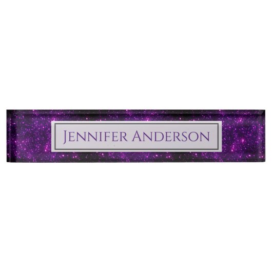 Paarse Sparkle Glitter Design Desk Name Bord Naambordje (Voorkant)