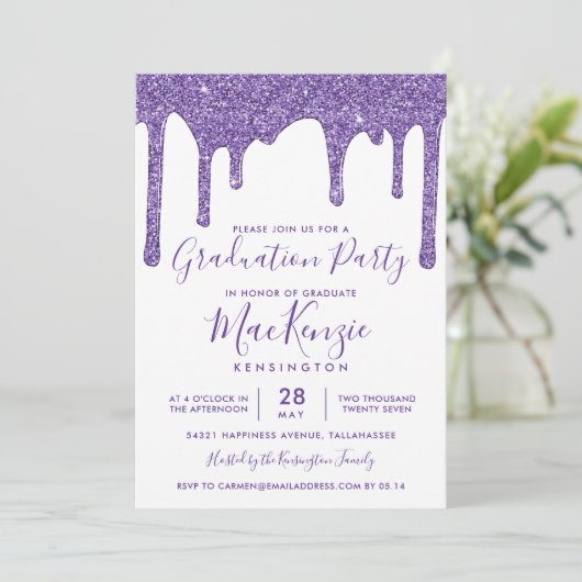 Paarse sparkle Glitter Drift Graduparty Invi Kaart (Staand voorkant)
