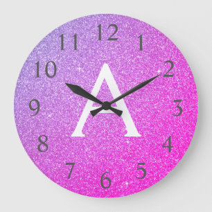 Paarse sparkle Glitter Monogram Naam en Initiaal Grote Klok