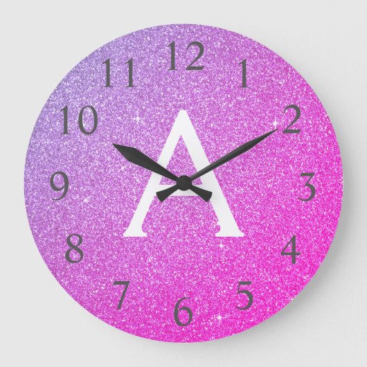 Paarse sparkle Glitter Monogram Naam en Initiaal Grote Klok (Voorkant)